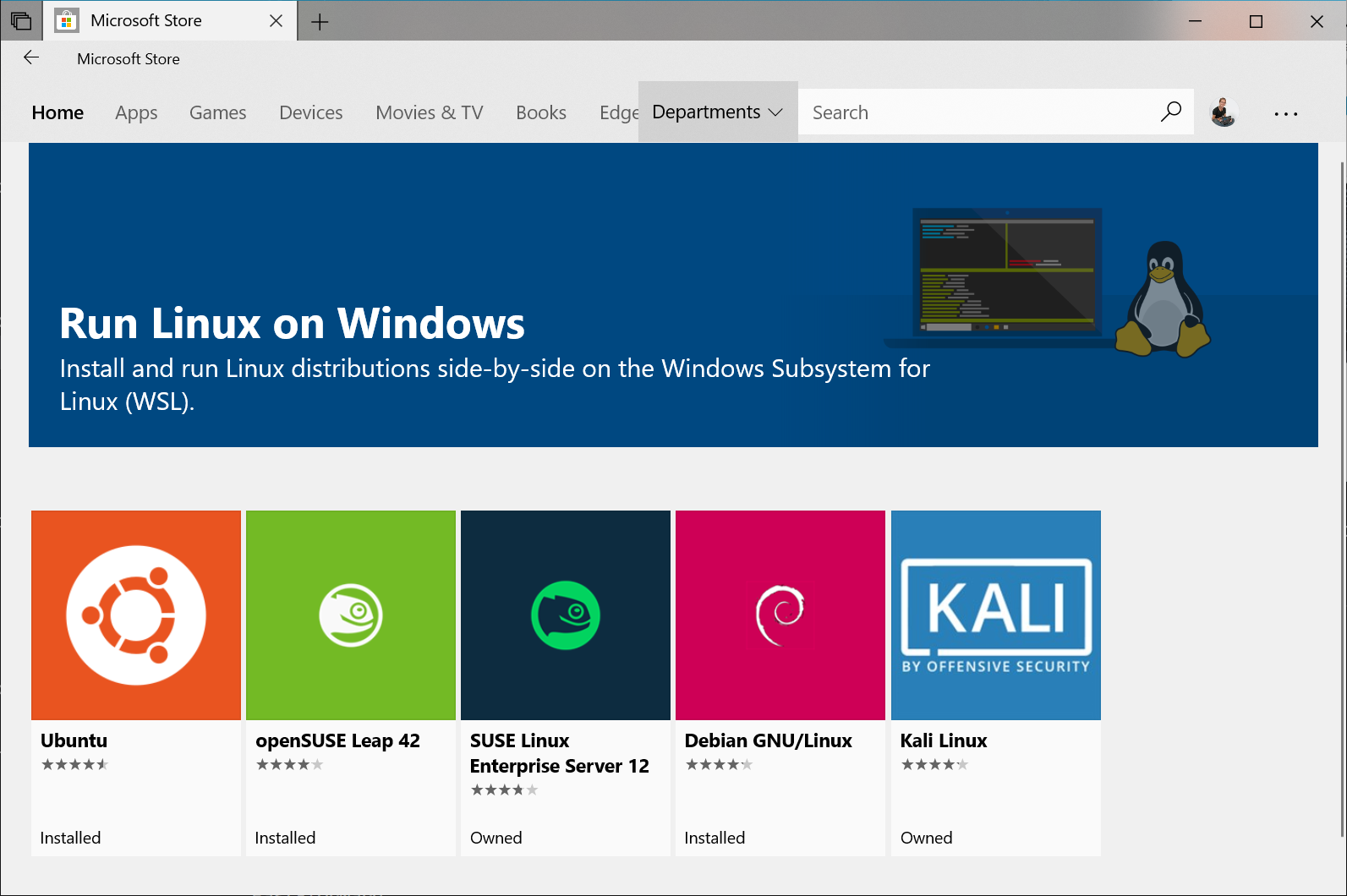 Microsoft Store 中的 Linux 分发版视图