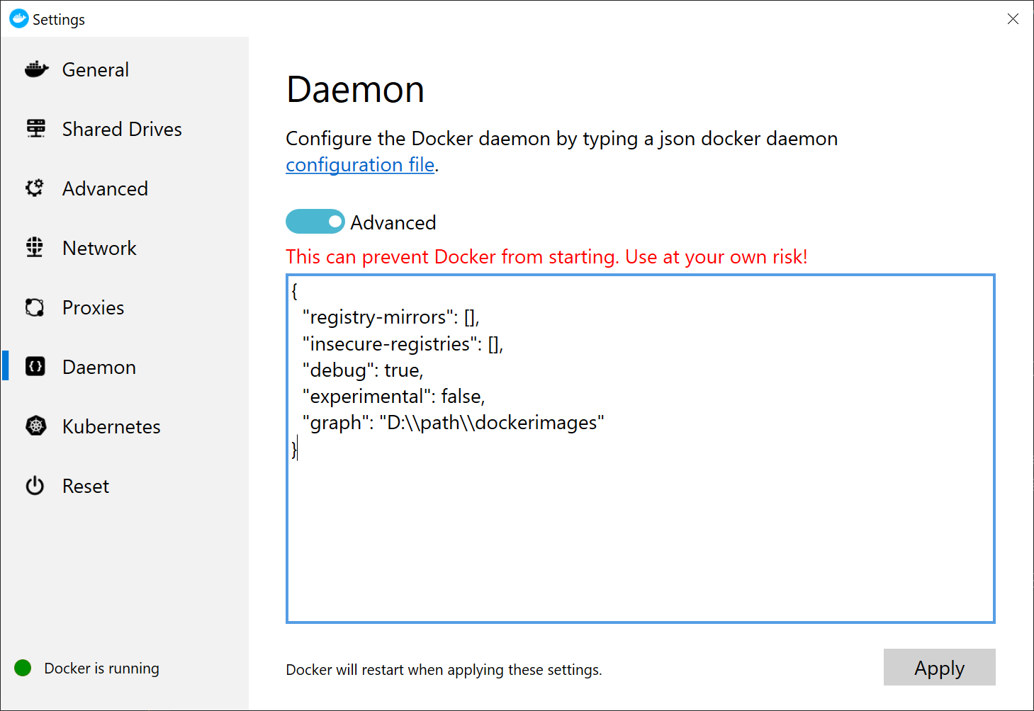 Docker 映像位置设置的屏幕截图